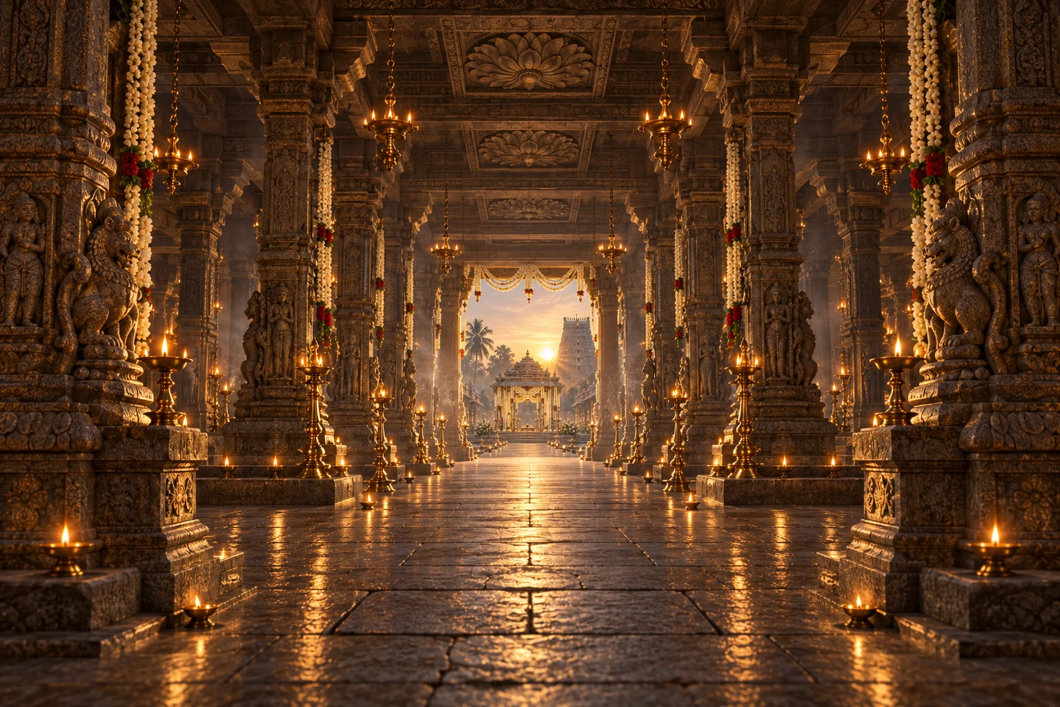Carved stone columns and brass lamps lead towards a jasmine wedding mandap