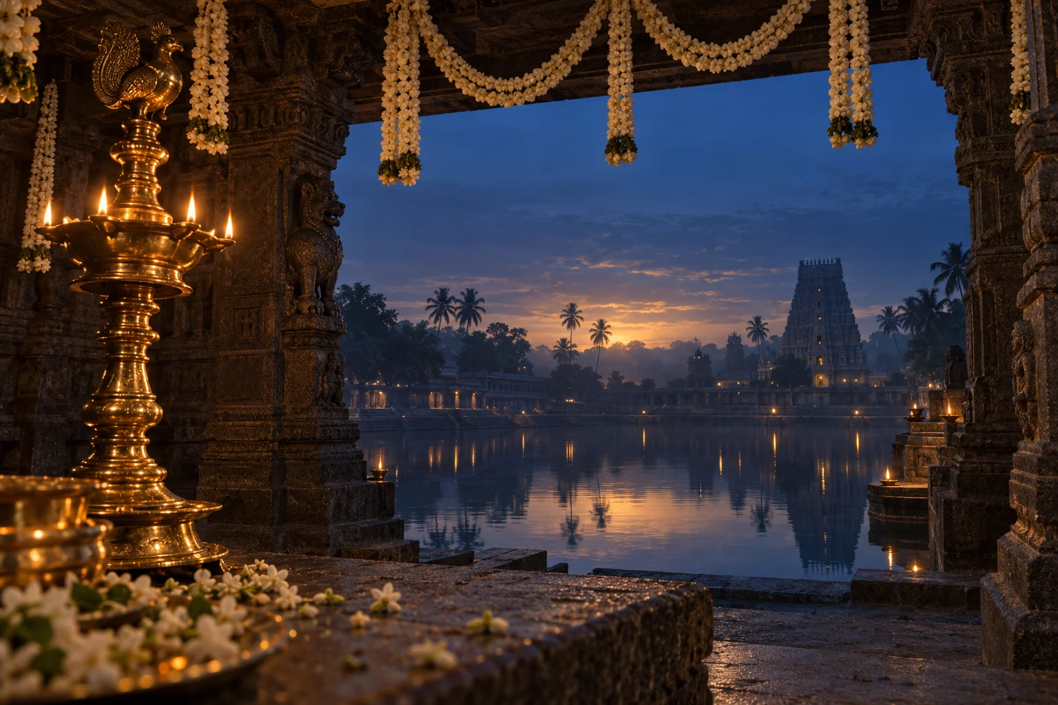 A brass oil lamp beside jasmine garlands overlooking a temple tank at dawn